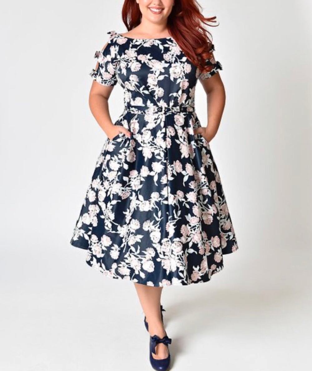NWT Unique Vintage Selma Floral Pink Navy Fit & Flare Bow Swing Dress XXL 0X 18
